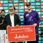Jubilee Life Insurance’s Faizul Hasan present safe hands of the match to Finn Allen